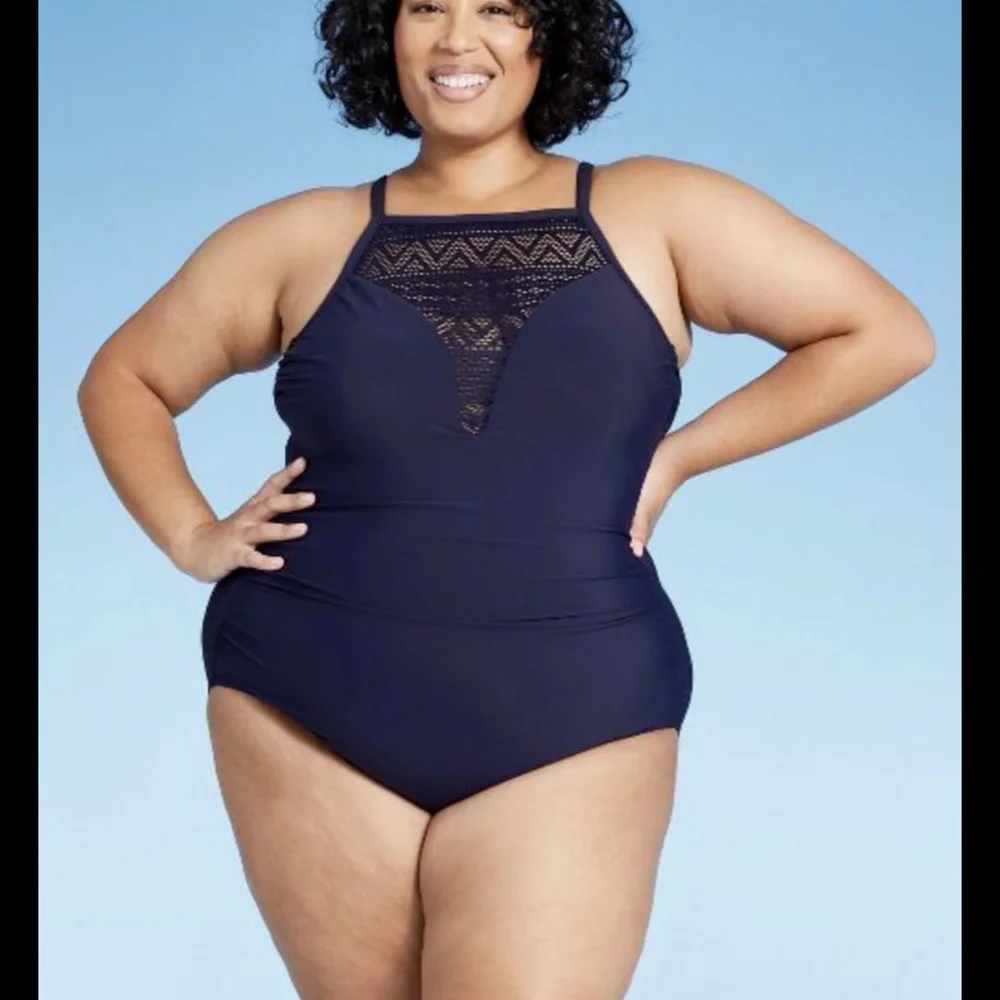 NWT Aqua Green [‎ Plus 20W ] Crochet High Neck One Piece Swimsuit Navy
